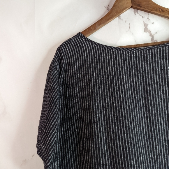 SALE LIMITED TIME Flax Top Short Sleeve Stripe Black Linen Tunic Lagenlook - Picture 6 of 13
